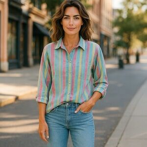 Kim Rogers Plus Size 1X Pastel Stripe Roll Tab Cotton Linen Blouse